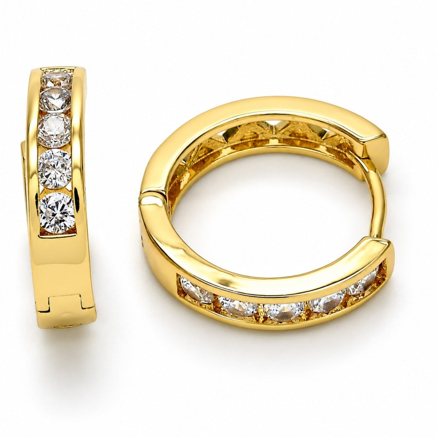Oro Laminado Huggie Hoop, Gold Filled Style with White Cubic Zirconia, Polished, Golden Finish
