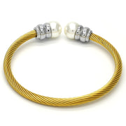 Stainless Steel Individual Bangle, Twist and Twist Design, with Ivory Pearl, Polished, Two Tone