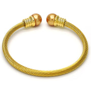 Stainless Steel Individual Bangle, Twist and Twist Design, with Gray Pearl, Polished, Two Tone