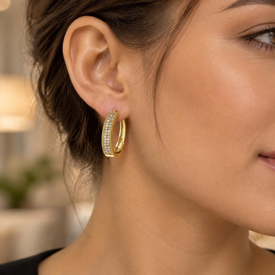 Oro Laminado Huggie Hoop, Gold Filled Style with White Micro Pave, Polished, Golden Finish