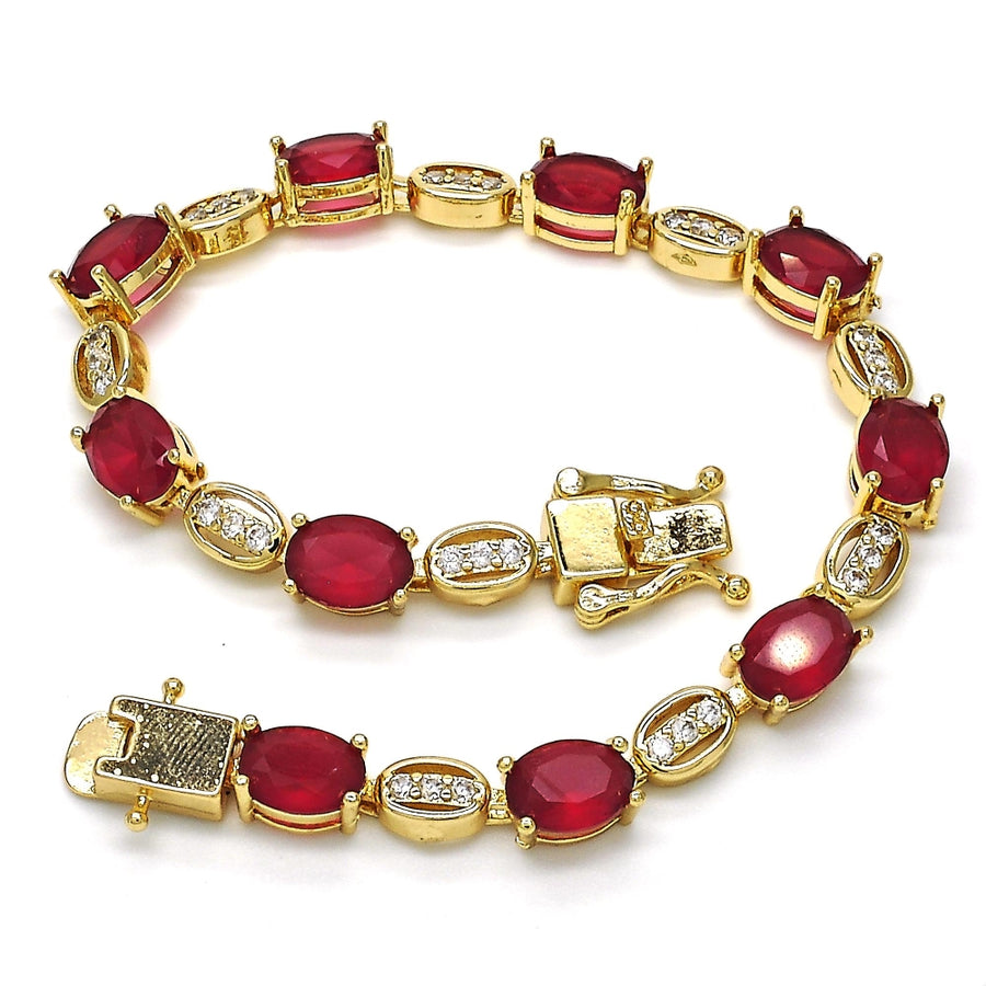 Oro Laminado Tennis Bracelet, Gold Filled Style Box Lock Design, with Ruby and White Cubic Zirconia, Polished, Golden Finish