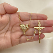 Oro Laminado Thin Rosary, Gold Filled Style Guadalupe and Crucifix Design, Diamond Cutting Finish, Tricolor