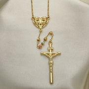 Oro Laminado Thin Rosary, Gold Filled Style Guadalupe and Crucifix Design, Diamond Cutting Finish, Tricolor