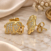 Oro Laminado Stud Earring, Gold Filled Style Elephant Design, with White and Ruby Micro Pave, Polished, Golden Finish