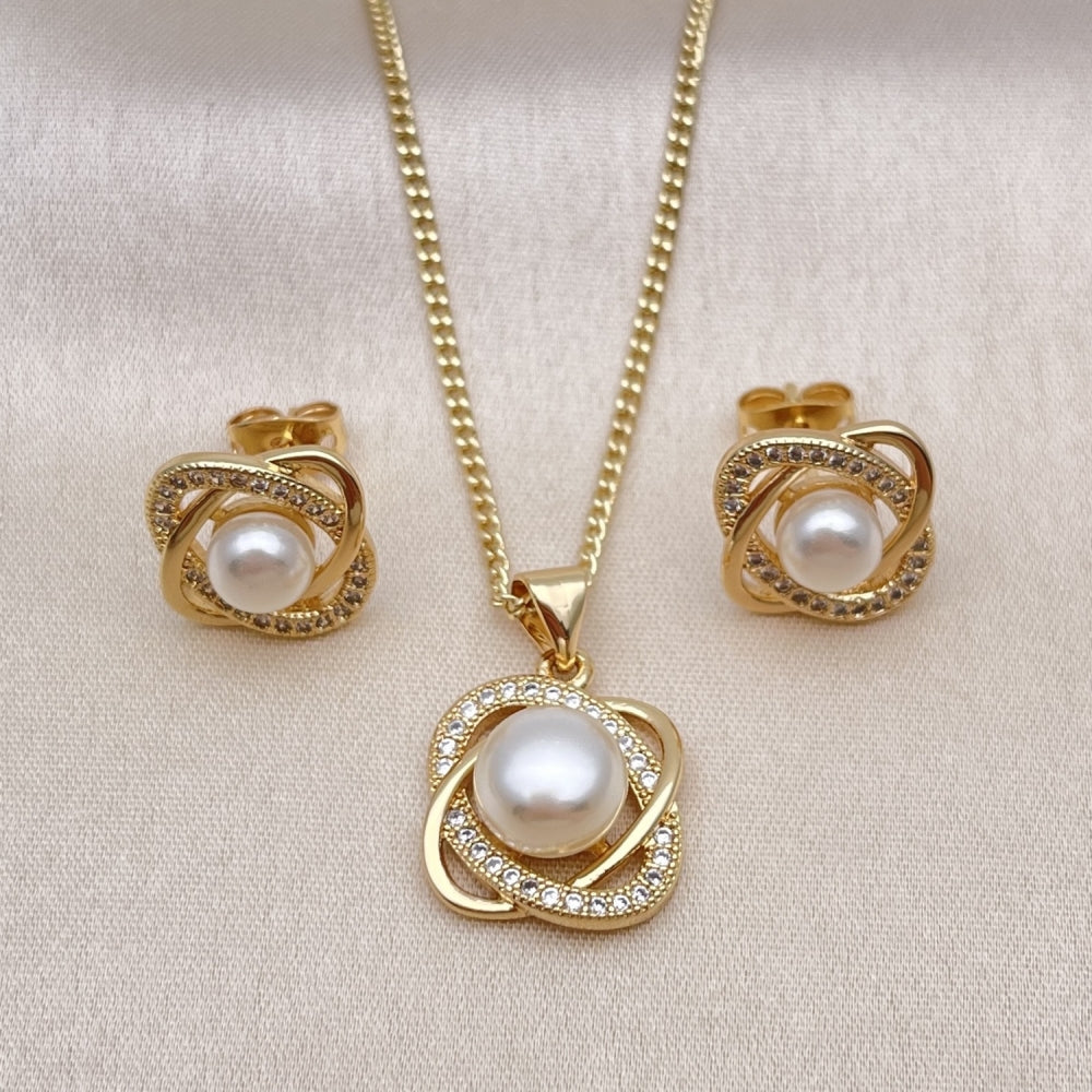 Oro Laminado Earring and Pendant Adult Set, Gold Filled Style Love Knot and Infinite Design, with White Micro Pave and Ivory Pearl, Polished, Golden Finish