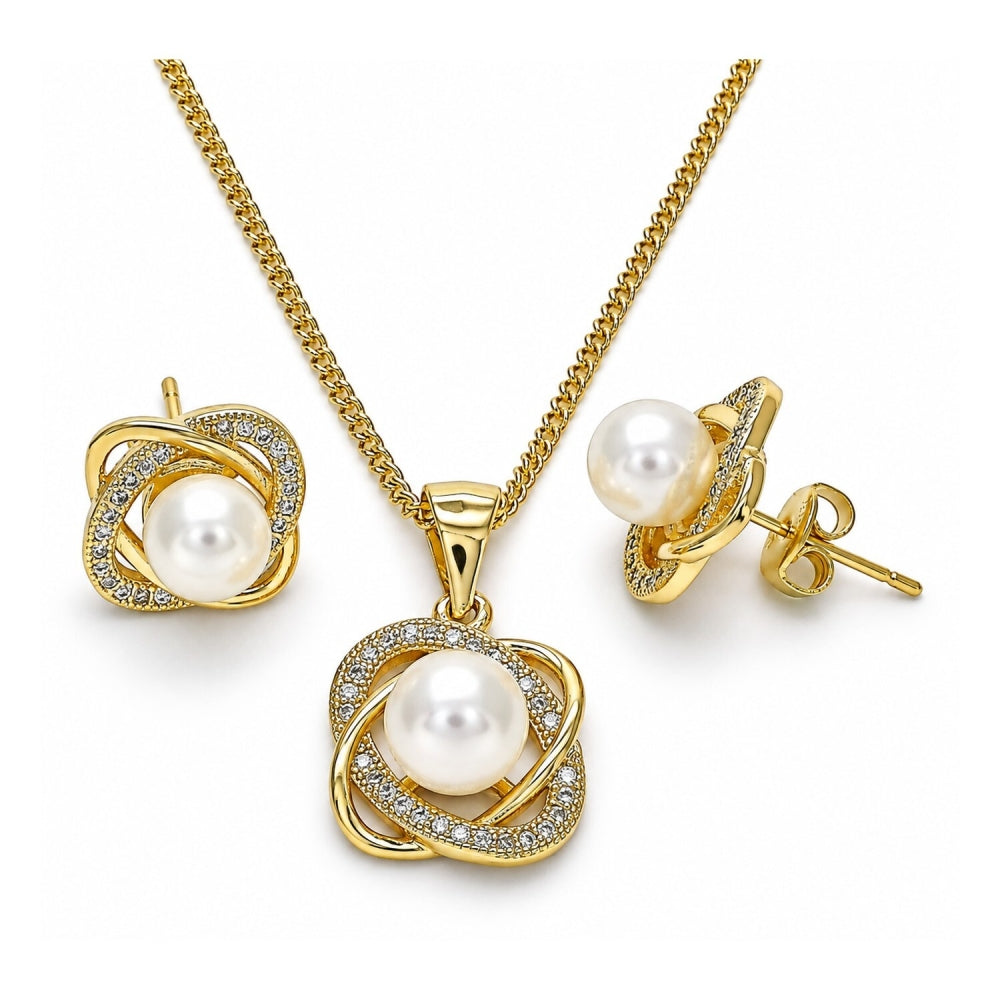 Oro Laminado Earring and Pendant Adult Set, Gold Filled Style Love Knot and Infinite Design, with White Micro Pave and Ivory Pearl, Polished, Golden Finish