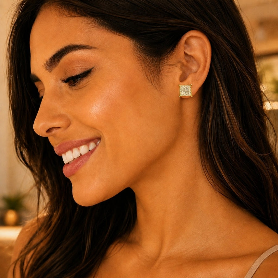 Oro Laminado Stud Earring, Gold Filled Style with White Micro Pave, Polished, Golden Finish