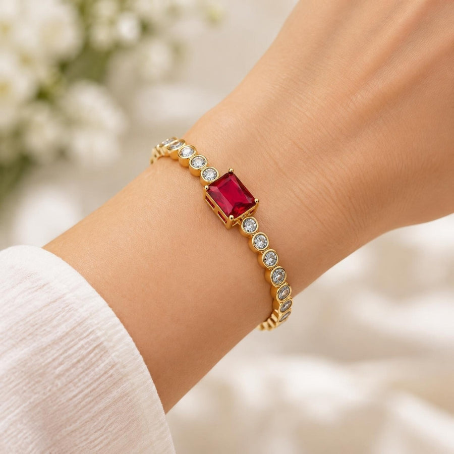 Oro Laminado Individual Bangle, Gold Filled Style with Garnet and White Cubic Zirconia, Polished, Golden Finish