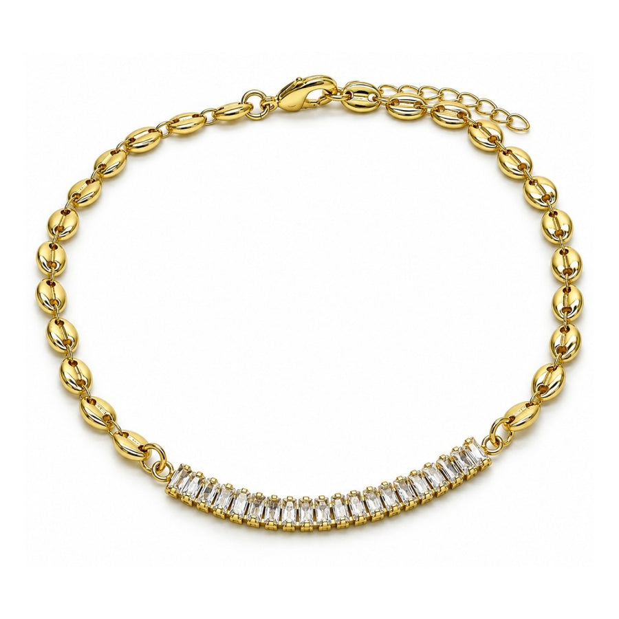 Oro Laminado Fancy Anklet, Gold Filled Style Puff Mariner and Baguette Design, with White Cubic Zirconia, Polished, Golden Finish