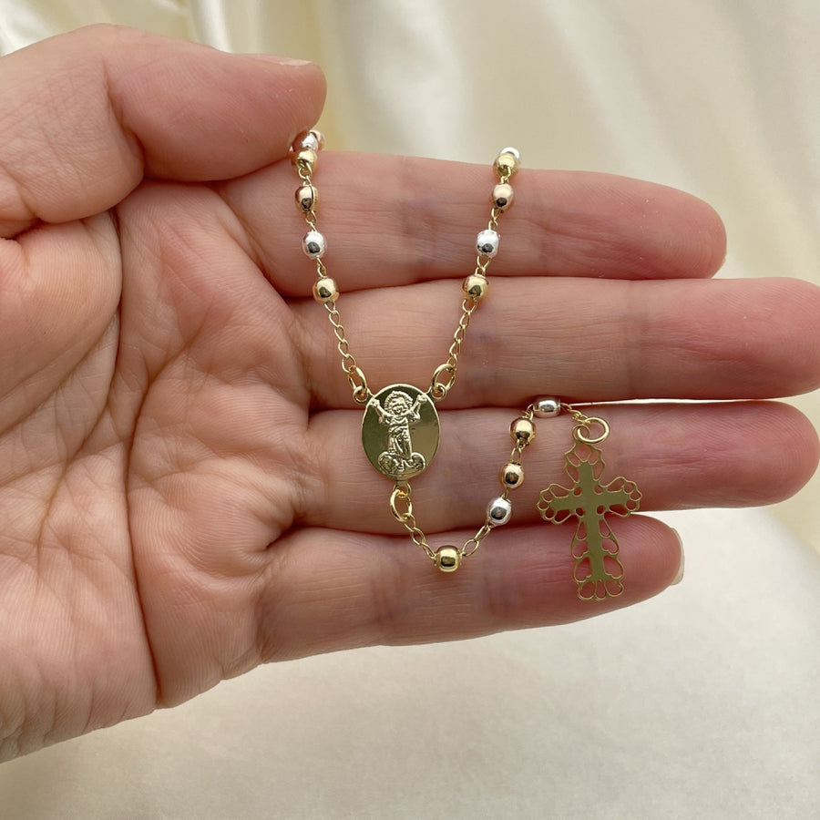 Oro Laminado Thin Rosary, Gold Filled Style Cross and Divino NiÃ±o Design, Polished, Tricolor