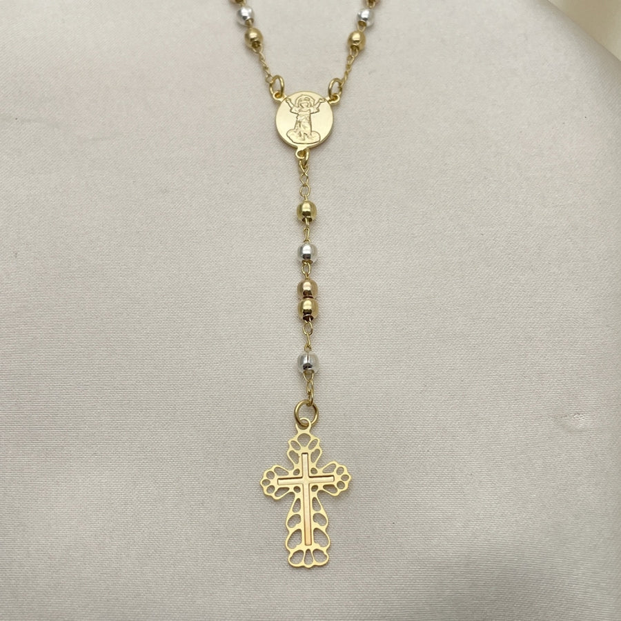 Oro Laminado Thin Rosary, Gold Filled Style Cross and Divino NiÃ±o Design, Polished, Tricolor