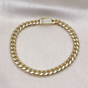 Oro Laminado Basic Bracelet, Gold Filled Style Miami Cuban and Box Lock Design, with White Micro Pave, Polished, Golden Finish