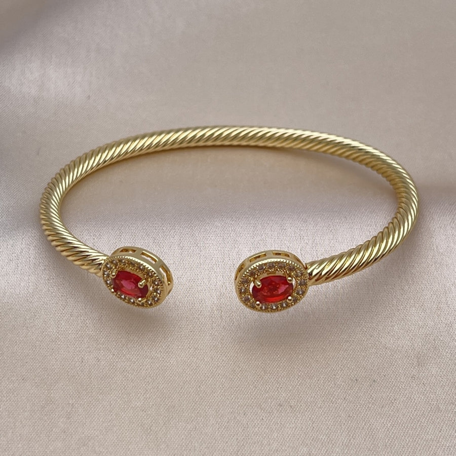 Oro Laminado Individual Bangle, Gold Filled Style Twist Design, with Ruby Cubic Zirconia and White Micro Pave, Polished, Golden Finish