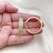 Oro Laminado Huggie Hoop, Gold Filled Style Filigree Design, with White Micro Pave, Polished, Golden Finish