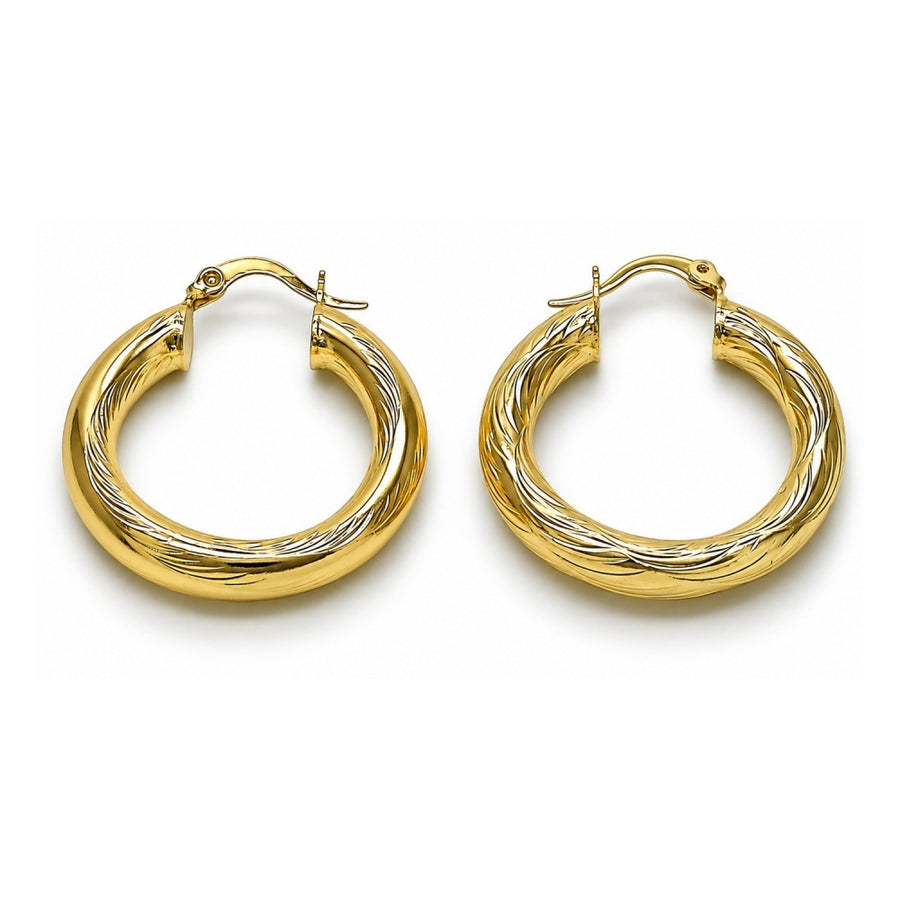 Oro Laminado Medium Hoop, Gold Filled Style Hollow Design, Diamond Cutting Finish, Golden Finish