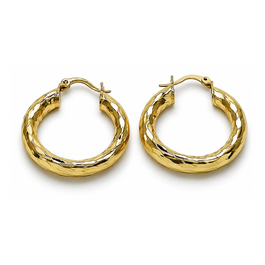 Oro Laminado Medium Hoop, Gold Filled Style Hollow Design, Diamond Cutting Finish, Golden Finish