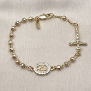Oro Laminado Fancy Bracelet, Gold Filled Style Guadalupe and Crucifix Design, with White Cubic Zirconia, Diamond Cutting Finish, Golden Finish