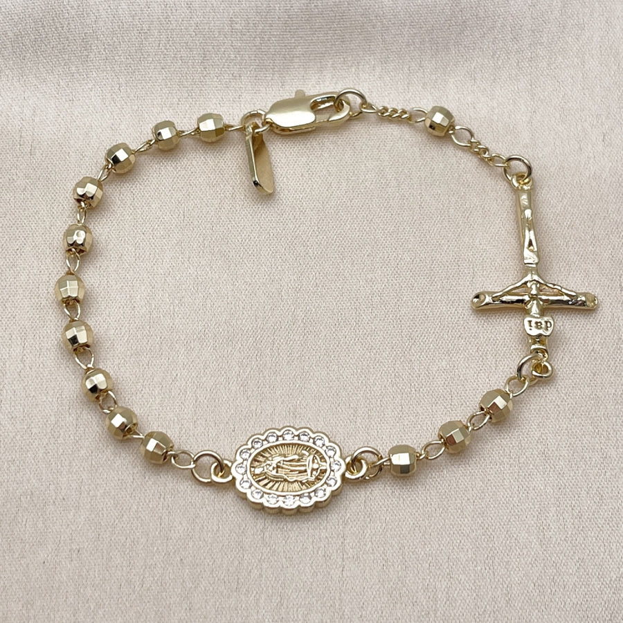 Oro Laminado Fancy Bracelet, Gold Filled Style Guadalupe and Crucifix Design, with White Cubic Zirconia, Diamond Cutting Finish, Golden Finish
