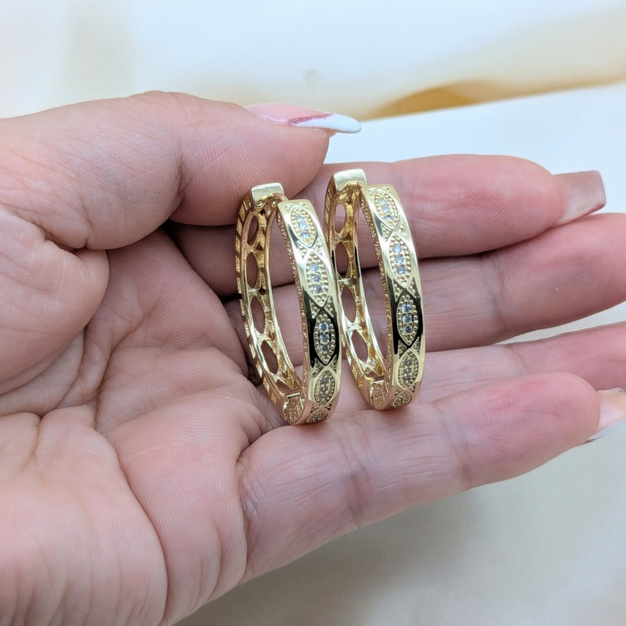 Oro Laminado Huggie Hoop, Gold Filled Style with White Micro Pave, Polished, Golden Finish