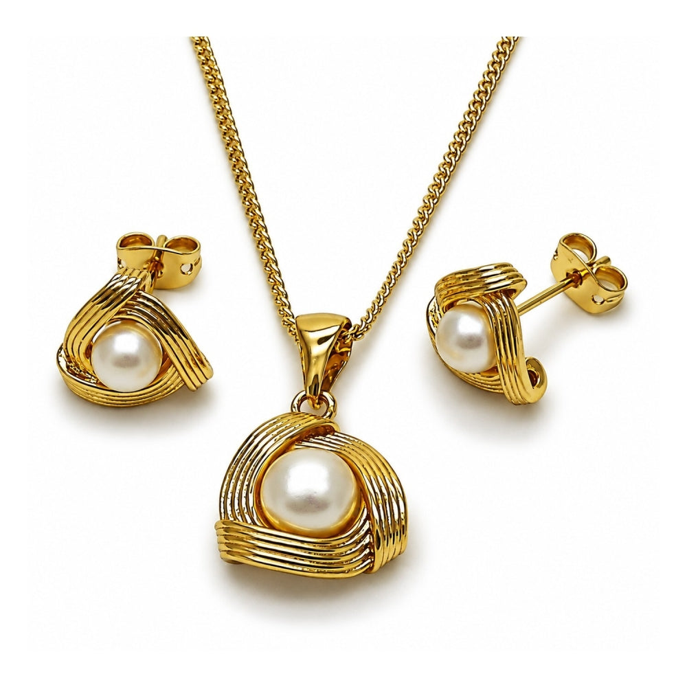 Oro Laminado Earring and Pendant Adult Set, Gold Filled Style Love Knot and Ball Design, with Ivory Pearl, Diamond Cutting Finish, Golden Finish