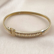 Oro Laminado Individual Bangle, Gold Filled Style Greek Key Design, with White Cubic Zirconia, Polished, Golden Finish