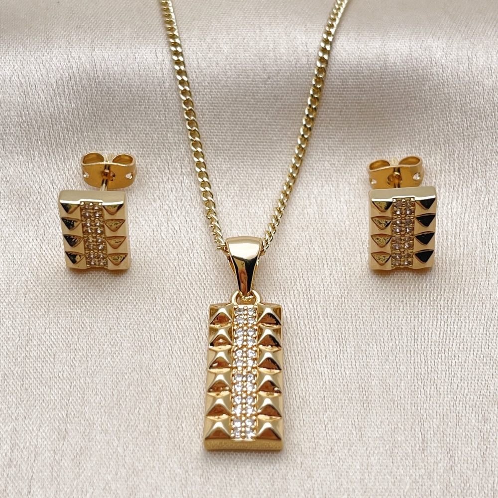 Oro Laminado Earring and Pendant Adult Set, Gold Filled Style with White Cubic Zirconia, Polished, Golden Finish