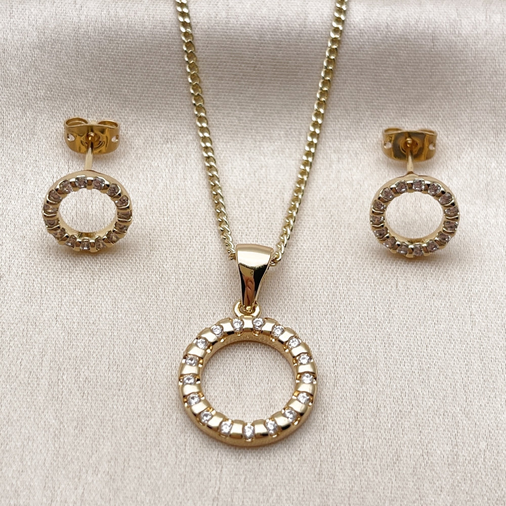 Oro Laminado Earring and Pendant Adult Set, Gold Filled Style with White Cubic Zirconia, Polished, Golden Finish