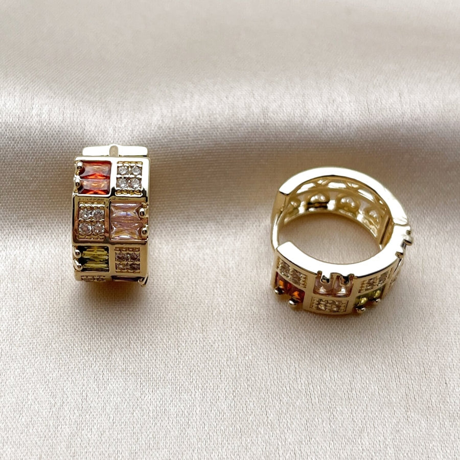 Oro Laminado Huggie Hoop, Gold Filled Style Baguette and Heart Design, with Multicolor and White Cubic Zirconia, Polished, Golden Finish