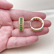Oro Laminado Huggie Hoop, Gold Filled Style Cluster Design, with Green and White Cubic Zirconia, Polished, Golden Finish