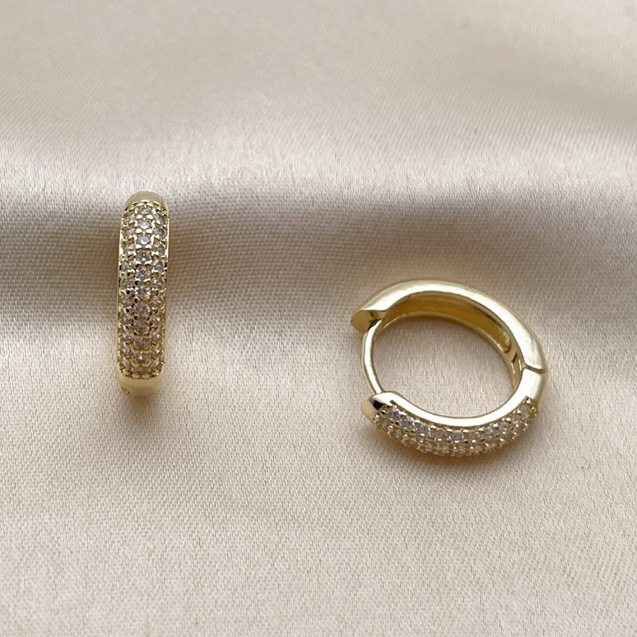 Oro Laminado Huggie Hoop, Gold Filled Style with White Micro Pave, Polished, Golden Finish