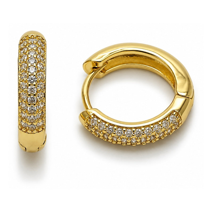 Oro Laminado Huggie Hoop, Gold Filled Style with White Micro Pave, Polished, Golden Finish