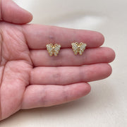 Oro Laminado Stud Earring, Gold Filled Style Butterfly Design, with White Micro Pave, Polished, Golden Finish