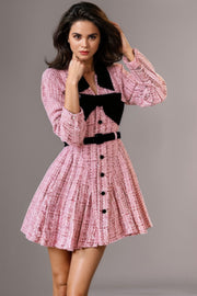 Thick Tweed Warm Long Sleeve Pleated Mini Dress