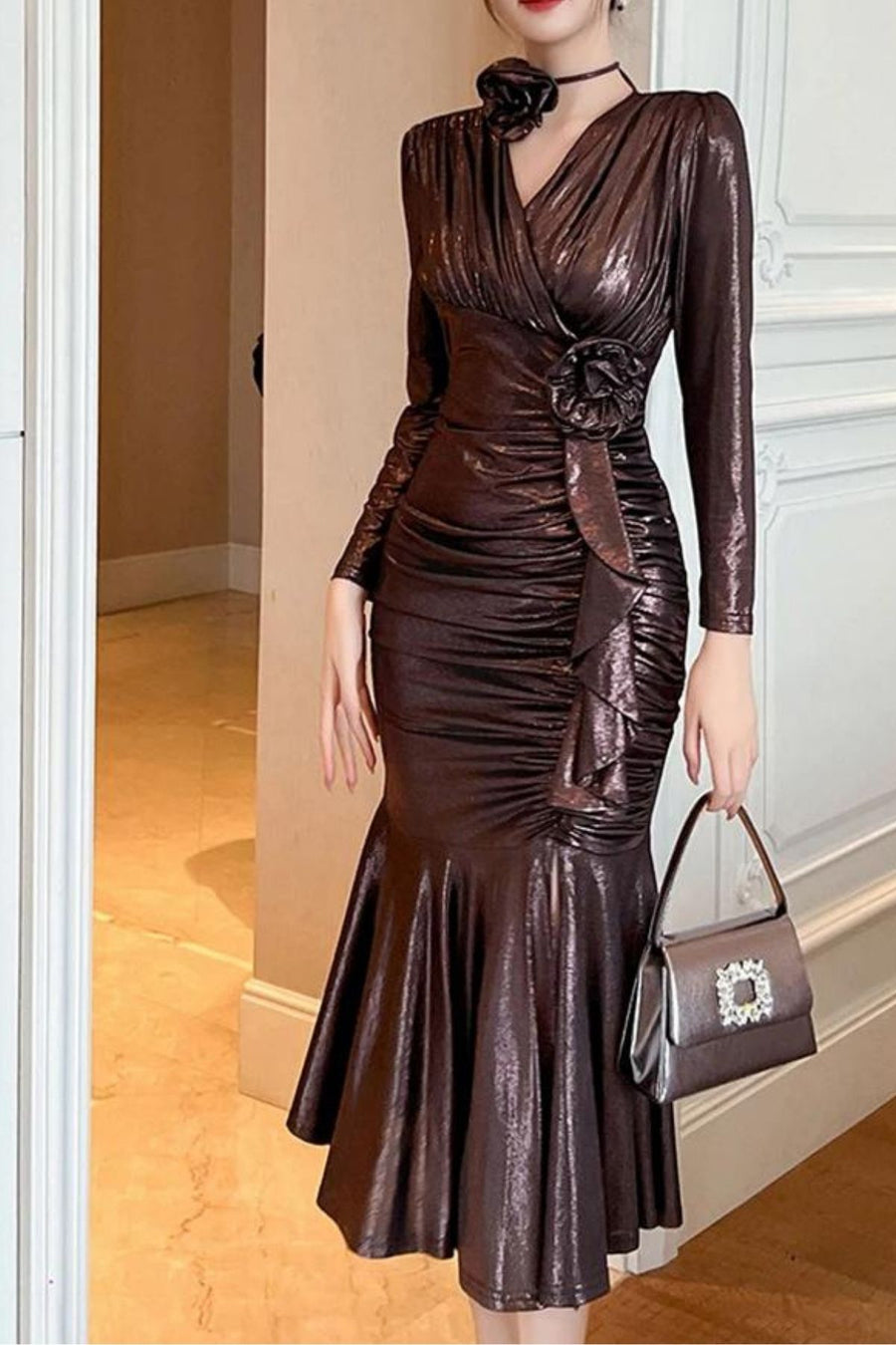 High Quality V Neck Vintage Elegant Shiny Long Evening Dresses