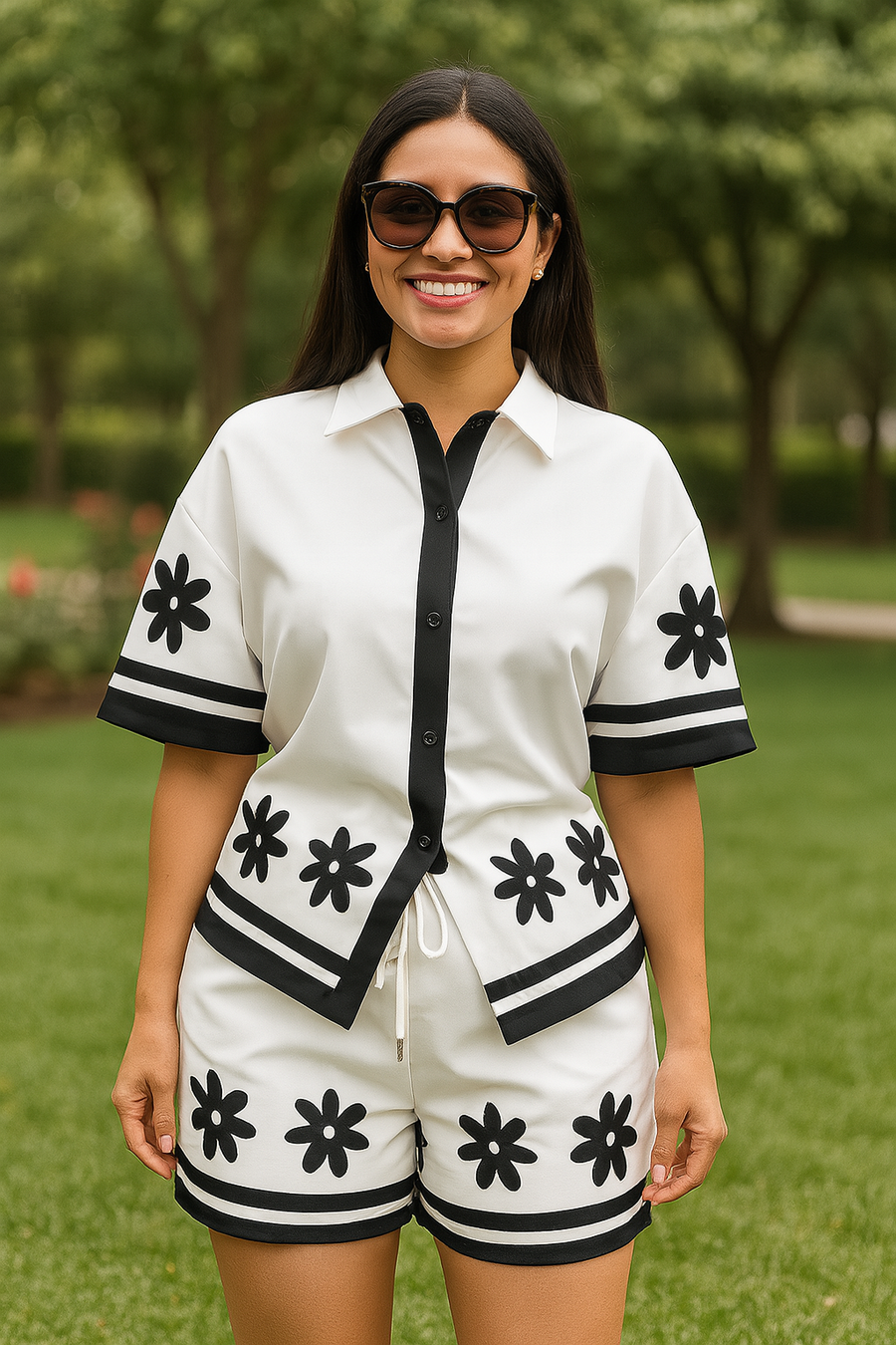 Floral print two-piece set, half-sleeved T-shirt, top and shorts