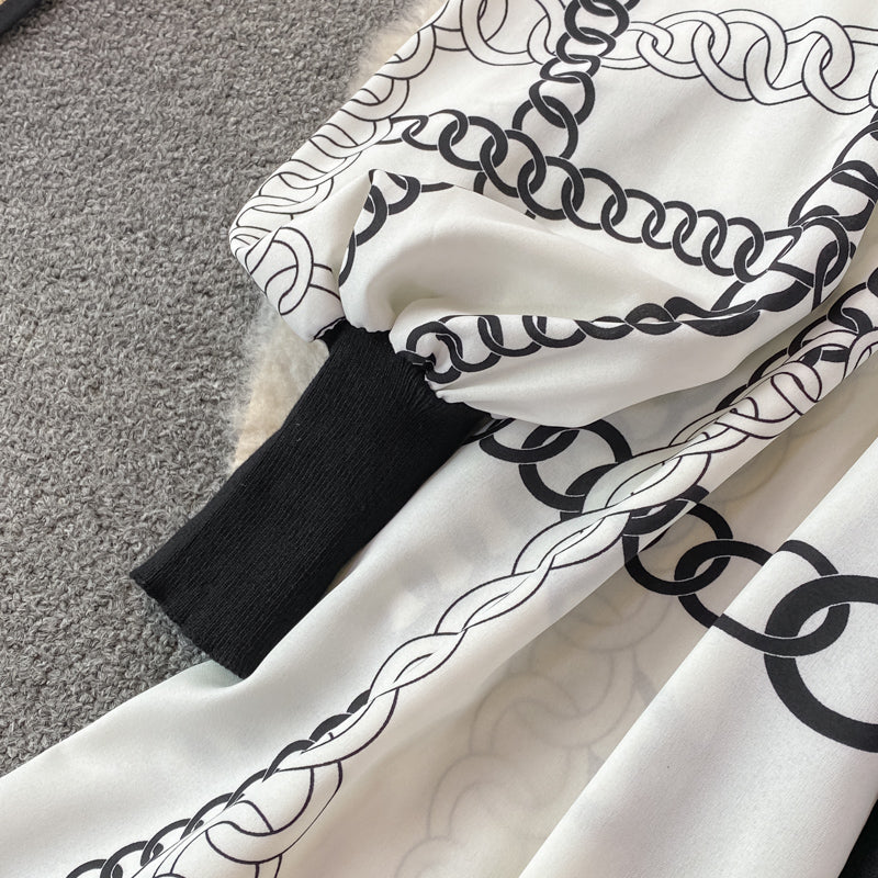 Black dress with long lantern sleeve print and high quality belt