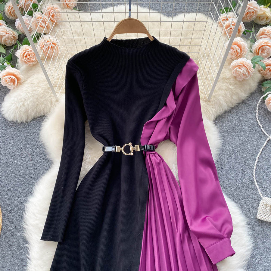 Elegant long sleeve dresses with quality pleated midi belt