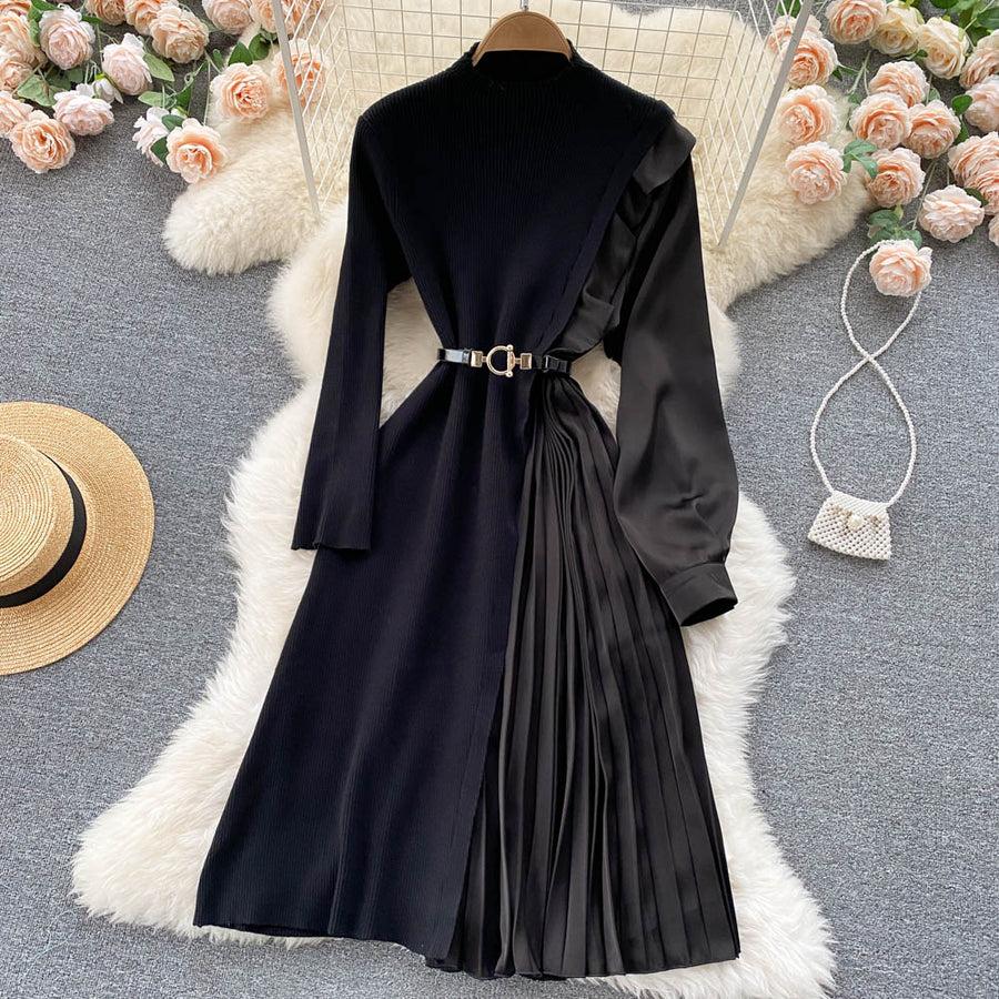 Elegant long sleeve dresses with quality pleated midi belt