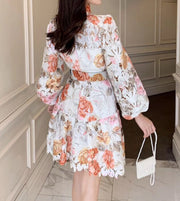 High Quality Long Sleeve Stand Collar Print Floral Dress