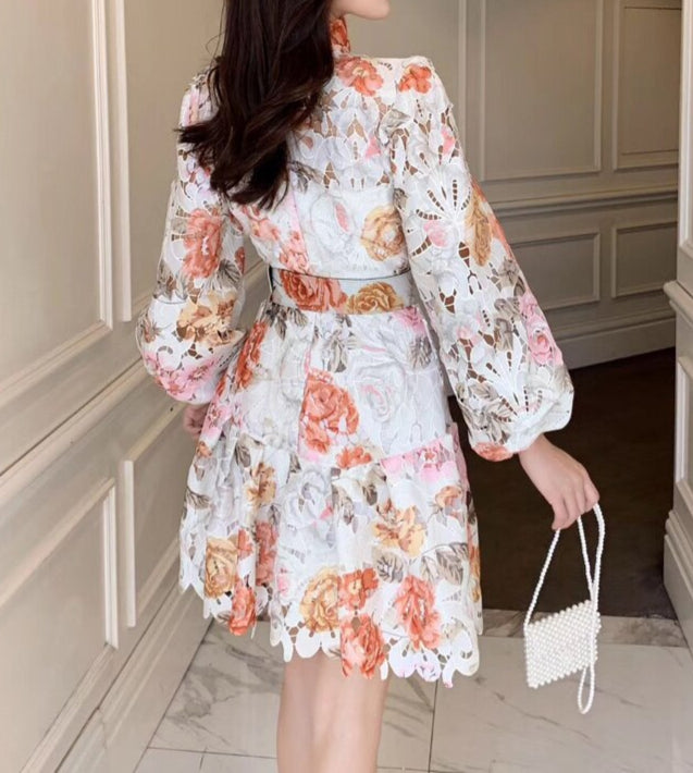 High Quality Long Sleeve Stand Collar Print Floral Dress