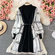 Black dress with long lantern sleeve print and high quality belt