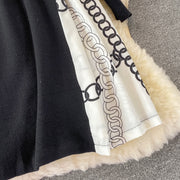 Black dress with long lantern sleeve print and high quality belt