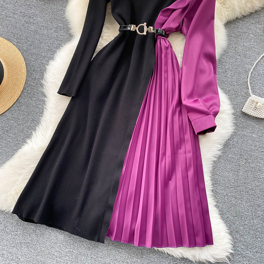 Elegant long sleeve dresses with quality pleated midi belt