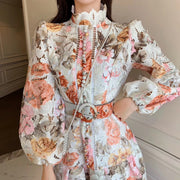 High Quality Long Sleeve Stand Collar Print Floral Dress