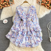 High Quality Ruffle Long Sleeve V Neck Sexy Floral Dress