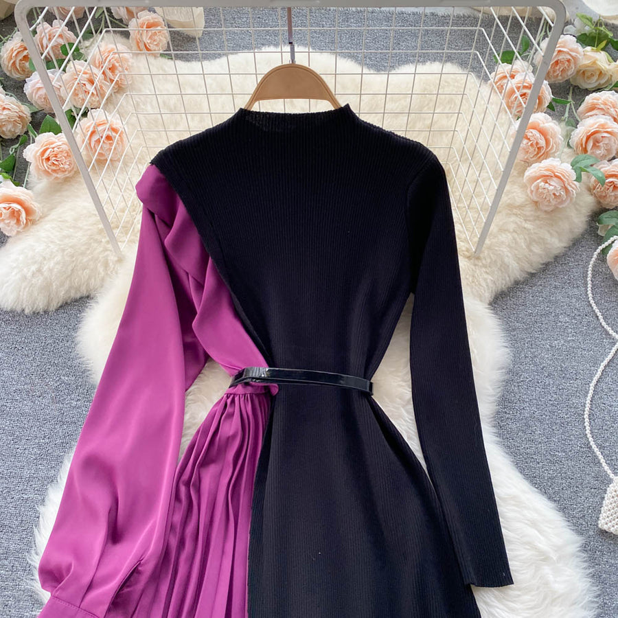 Elegant long sleeve dresses with quality pleated midi belt