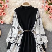 Black dress with long lantern sleeve print and high quality belt