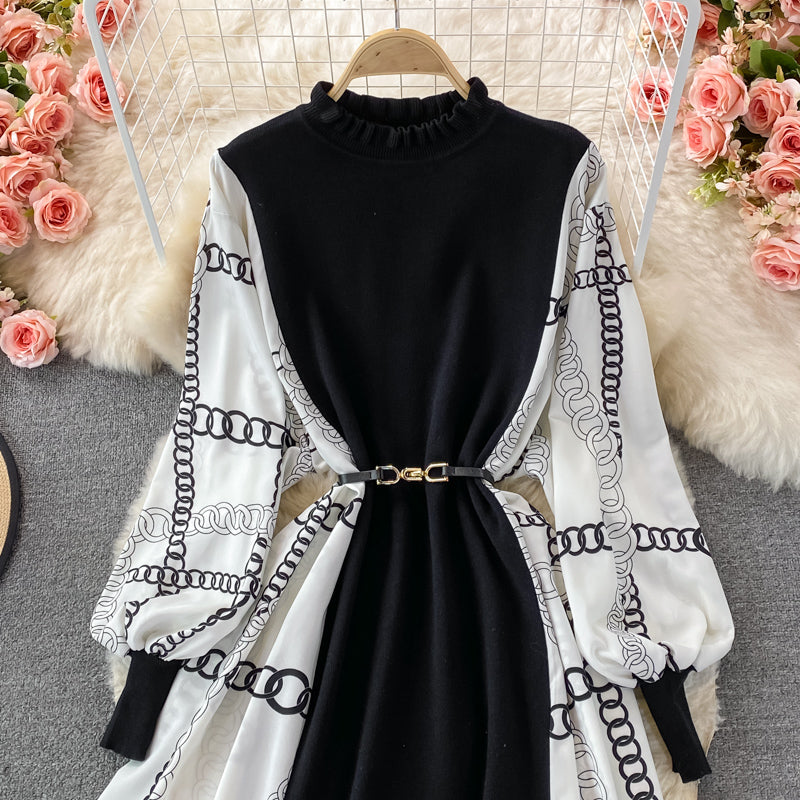 Black dress with long lantern sleeve print and high quality belt