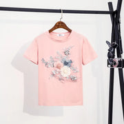 High-quality short-sleeved cotton t-shirts with sequin embroidery and 3D flowers