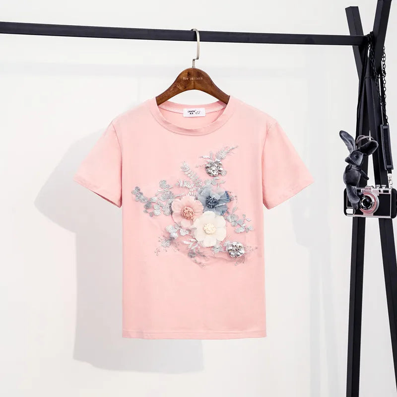 High-quality short-sleeved cotton t-shirts with sequin embroidery and 3D flowers